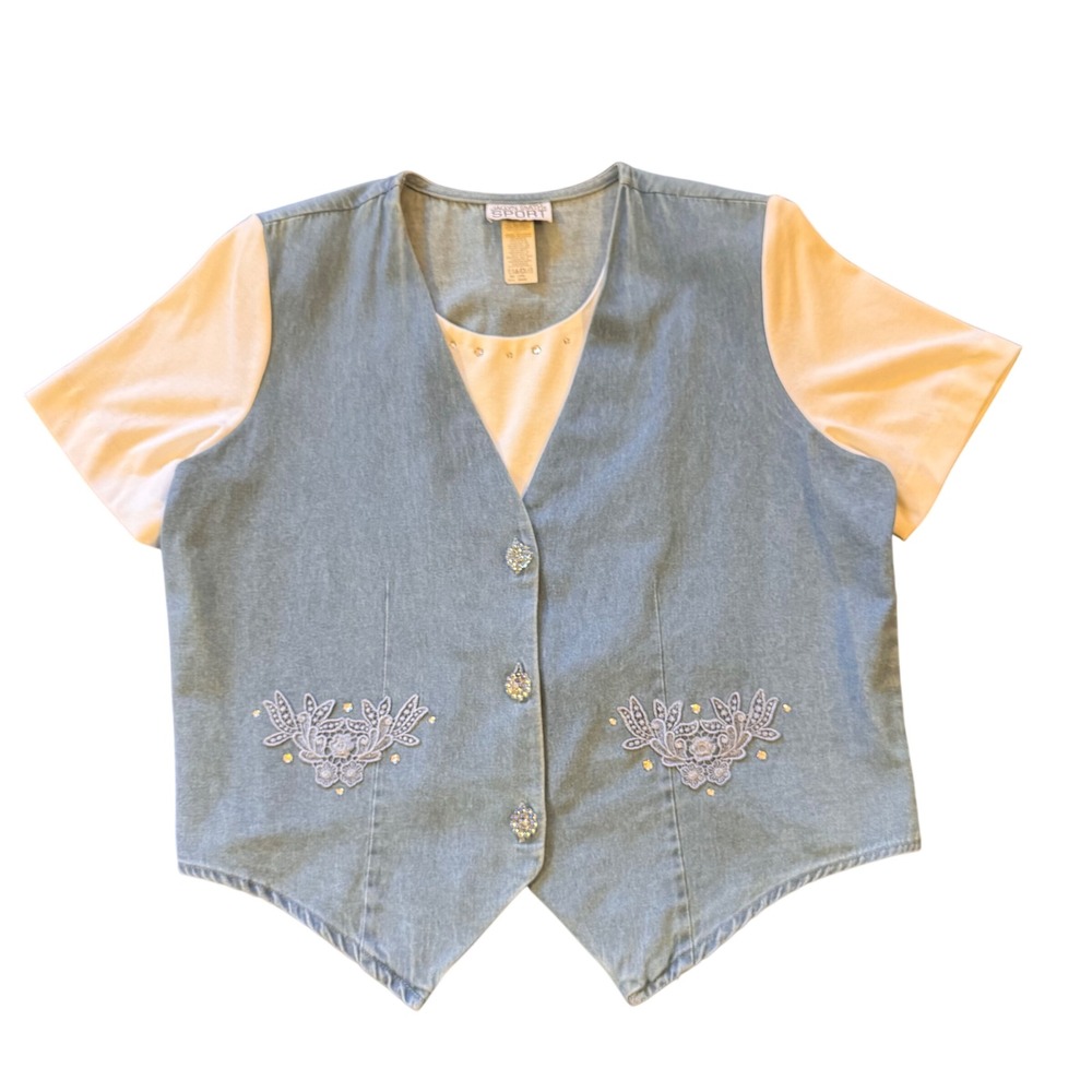 Vintage 90s Denim Vest Top L‎ Embellished Rhinestone Button Front Lace Grandma